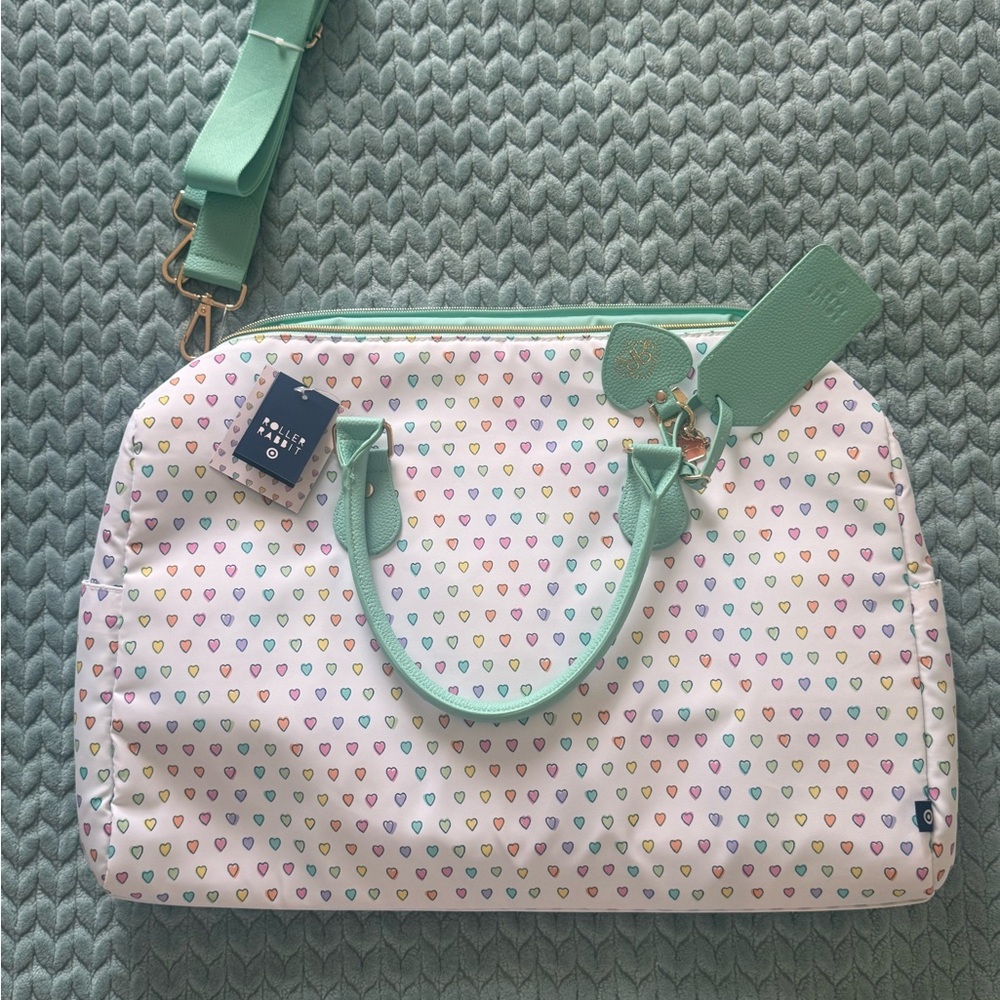Roller Rabbit Mint Trim Weekender with Multi-Color Heart Print